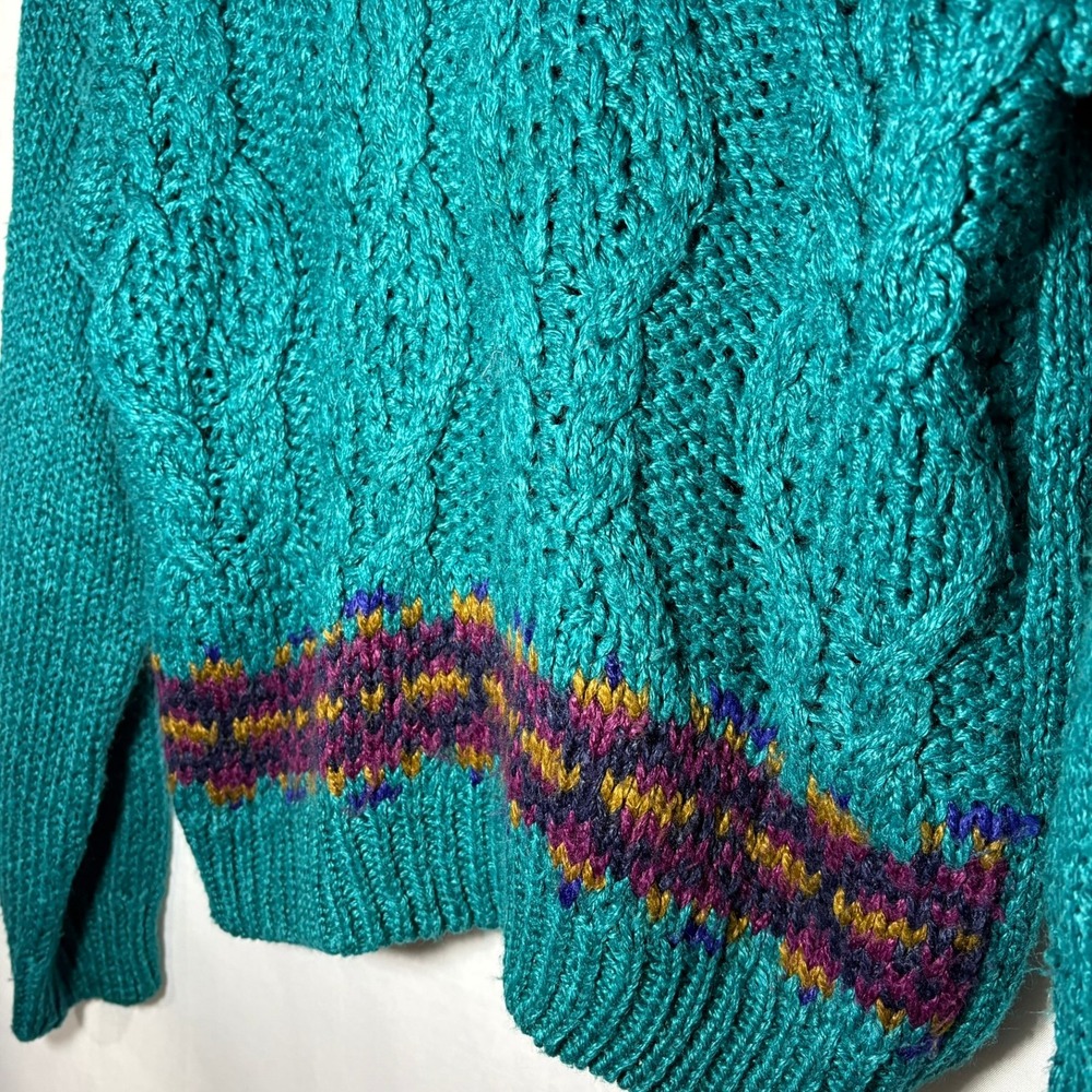 Vintage Jamie Scott Hand Knit Teal Fair Isle Sweater Mock Neck Heavy Ramie Large - Picture 8 of 9